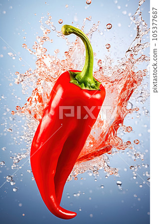 Red chilli pepper with water splash. Close-up. 105377687