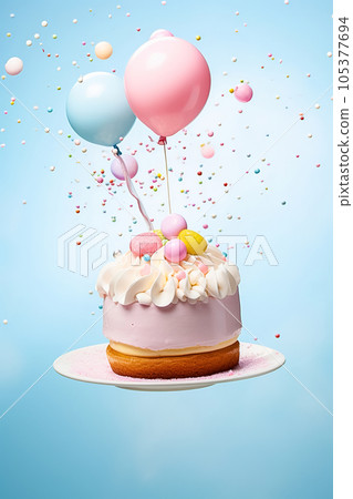 Flying cake with a plate on balloons. Low calorie concept. 105377694