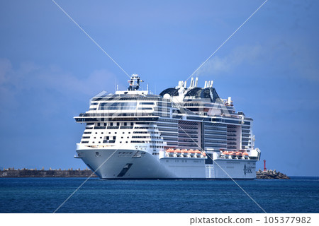Luxurious liner MSC Bellissima Naha port arrival scenery Luxurious liner MSC Bellissima Naha port arrival scenery 105377982