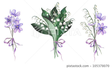 Watercolor flower arrangement with white bouquets of lilies of the valley and purple coppice. Isolated. Design for printing postcards, invitations to weddings, birthdays, spring and summer holidays 105378070