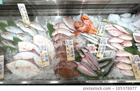 Fish lined up at the fresh fish market 105378077