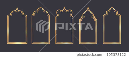 Ramadan window frame shapes. Islamic golden arches. Muslim mosque elements of architecture with ornament. Turkish gates and doors set. Vector 105378122