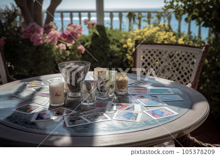 Table set for afternoon tea with tarot cards on the terrace. Ritual with tarot cards or fortune telling with occult and esoteric symbols. selective focus. Generative AI 105378209