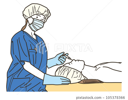 Female doctor performing surgery on a male patient Female doctor performing surgery on a male patient 105378366