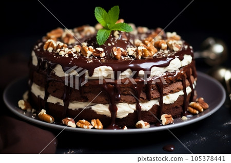 Chocolate cake with nuts, cream and mint Chocolate cake with nuts, cream and mint 105378441