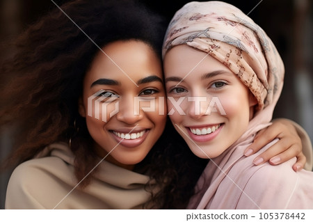 Two diverse women embrace 105378442