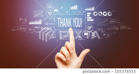 Thank you message with hand pressing a button Thank you message with hand pressing a button 105378553
