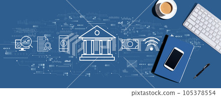 Online banking concept with computer keyboard and office items Online banking concept with computer keyboard and office items 105378554