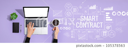 Smart contract theme with person using laptop computer Smart contract theme with person using laptop computer 105378563