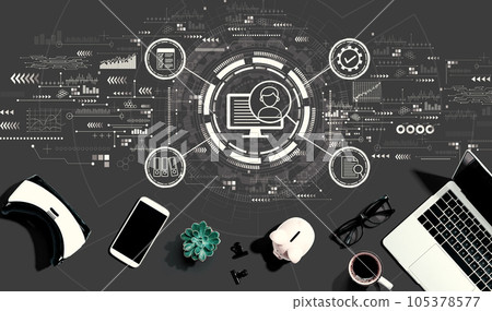 Document management system concept with electronic gadgets and office supplies 105378577