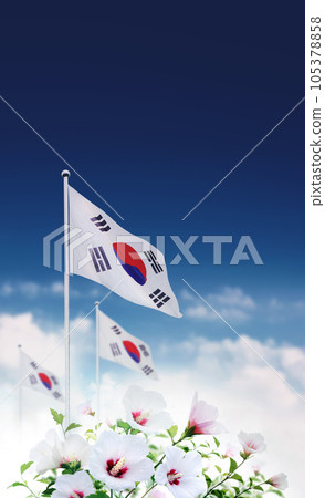 Blue sky and clouds Republic of Korea Taegeukgi and Mugunghwa flower and Samiljeol and Liberation Day, Constitution Day and Hangeul Day and Memorial Day Korean national holidays background Blue sky and clouds Republic of Korea Taegeukgi and Mugunghwa flower and Samiljeol and Liberation Day, Constitution Day and Hangeul Day and Memorial Day Korean national holidays background 105378858