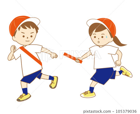 A boy wearing an anchor sash and a girl about to pass the baton, relaying in a red-and-white hat and gym clothes A boy wearing an anchor sash and a girl about to pass the baton, relaying in a red-and-white hat and gym clothes 105379036