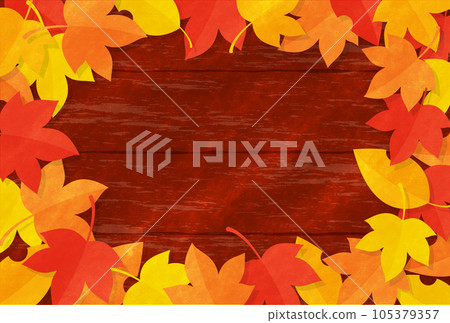 Background illustration of colorful autumn leaves and wood grain 105379357