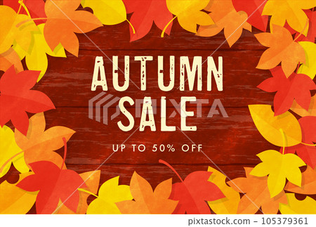 Background illustration of colorful autumn leaves and wood grain 105379361