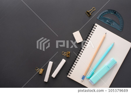 School supplies on black background. Back to school concept. Top view. Copy space. 105379689