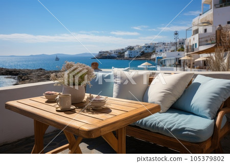 Outdoor seating on a terrace on a Greek island. Generative AI 105379802