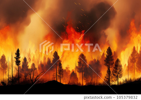 Forest fire. High flames in the forest 105379832