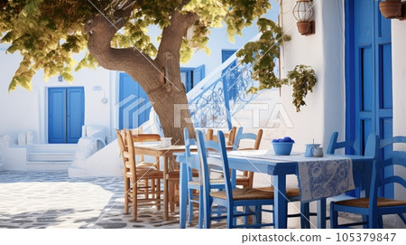 Greek culture with traditional white and blue greek architecture, taverna 105379847