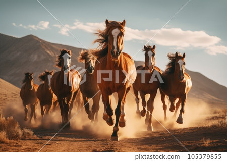 Group of horses running gallop in the desert. Generative AI 105379855