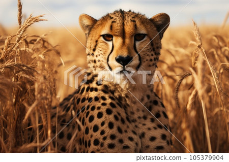 Cheetah (Acinonyx jubatus) stands in long grass in savannah. Generative AI Cheetah (Acinonyx jubatus) stands in long grass in savannah. Generative AI 105379904