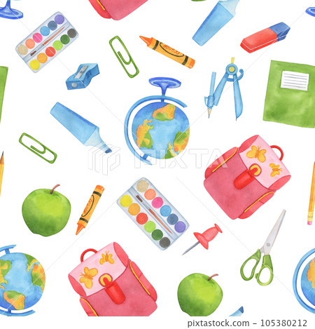 Watercolor seamless pattern with school and office supplies and tools. Backpack, globe, pencil, ruler, notebook on white background Watercolor seamless pattern with school and office supplies and tools. Backpack, globe, pencil, ruler, notebook on white background 105380212