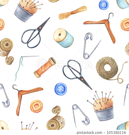 Seamless pattern with yarn, scissors, threads on white background. Needlework, tools for sewing and knitting. Seamless pattern with yarn, scissors, threads on white background. Needlework, tools for sewing and knitting. 105380216