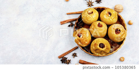 Baked autumn apples, copy space. Baked autumn apples, copy space. 105380365