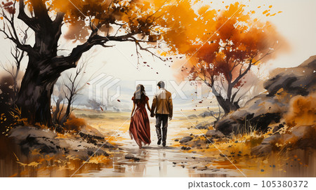 Lovers strolling in a thicket of autumn leaves: watercolor painting 105380372