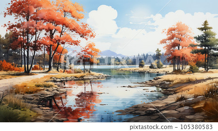 美麗的水邊風景，秋葉倒映在水面上：水彩畫 105380583