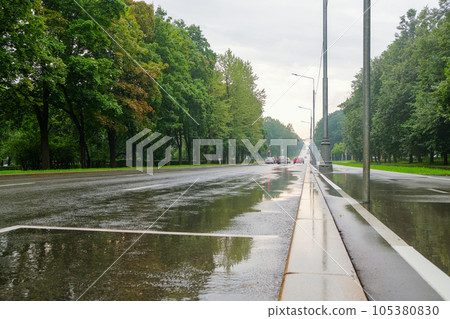 Wet asphalt road on a city street among green lindens on a summer rainy day. Wet asphalt road on a city street among green lindens on a summer rainy day. 105380830