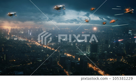 Invaders from space came over the big city 105381229