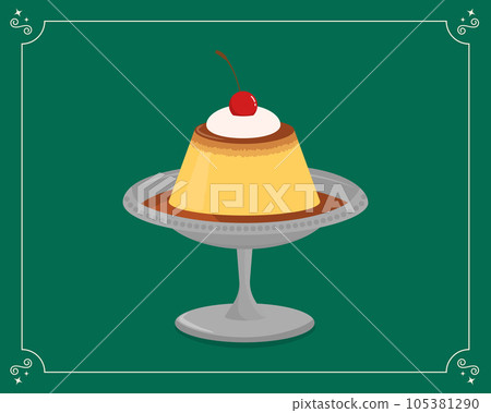 Illustration of pudding with cream and cherries Illustration of pudding with cream and cherries 105381290