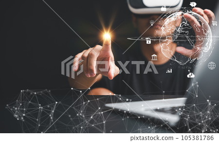 Virtual reality meets cloud computing as a man wearing VR glasses accesses data systems and databases through cutting-edge technology. Concept metaverses become a gateway to limitless possibilities. 105381786