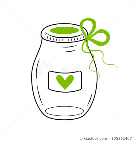 Glass jar with green heart label and bow. Eco friendly recycled jar in doodle style. Glass jar with green heart label and bow. Eco friendly recycled jar in doodle style. 105382467