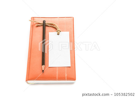Notebook,pencil and white card on white background Notebook,pencil and white card on white background 105382502