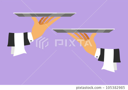 Graphic flat design drawing two tray cloche in hand symbol. Restaurant plate in elegant waiter hand. Food serving tray for cafe, shop, restaurant, and food delivery. Cartoon style vector illustration 105382985