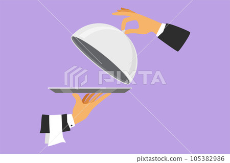 Character flat drawing stylized open tray cloche in hand. Restaurant plate in elegant waiter hand. Food serving tray for cafe, shop, restaurant, and food delivery. Cartoon design vector illustration 105382986
