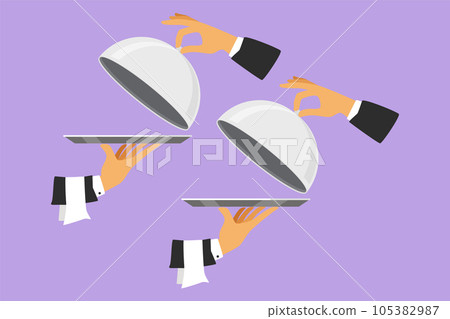 Character flat drawing two open tray cloche in hand symbol. Restaurant plate in elegant waiter hand. Food serving tray for cafe, shop, restaurant, and food delivery. Cartoon design vector illustration 105382987