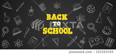 Back to school chalkboard background. School supplies doodle border.Vector illustration back to school concept. 105383544