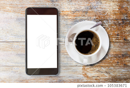 Smart phone with blank screen area and coffee cup Smart phone with blank screen area and coffee cup 105383671