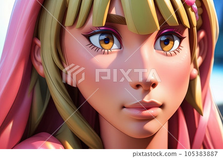 moai barbie Pink statue on easter island background, Pink moai statue sculpture barbie doll style illustration generative ai 105383887