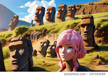 moai barbie Pink statue on easter island background, Pink moai statue sculpture barbie doll style illustration generative ai 105383889