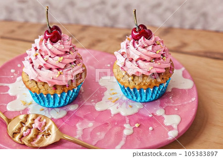 cream cupcakes pink barbie style illustration generative ai 105383897