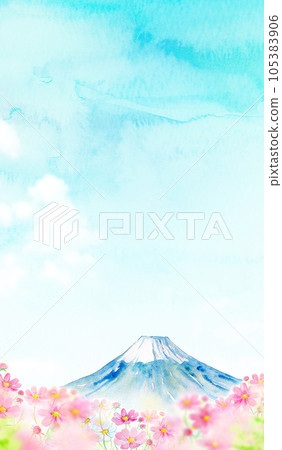 Mount Fuji and cosmos field flower garden watercolor illustration 105383906