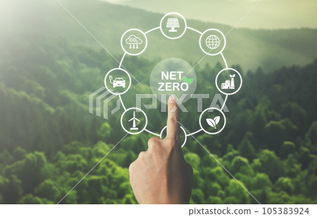 hand pointing at net zero target and carbon credit.CO2 emission reduction to stop global warming problem and reduce pollution into atmosphere from big industrial. hand pointing at net zero target and carbon credit.CO2 emission reduction to stop global warming problem and reduce pollution into atmosphere from big industrial. 105383924