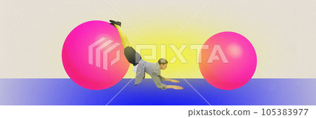 Contemporary artwork of doing exercises man. 3d painted pink balls. Ad. Cartoon style. Banner. Contemporary artwork of doing exercises man. 3d painted pink balls. Ad. Cartoon style. Banner. 105383977