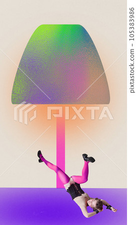 Surrealistic artwork of woman falling under lamp in rainbow color with orange light. Ad. 105383986
