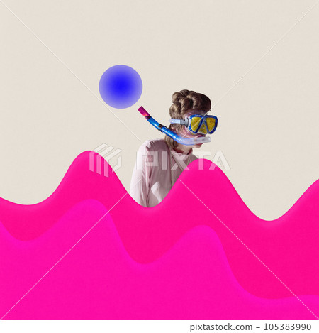 Contemporary arwork of young lady with hairstyle in underwater mask of snorkel swims in bright neon pink waves. Ad. 105383990