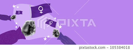 Banner. Flyer of female hans holding flags with venus sign over painted purple background. Art work in drawing style. Copy space for ad. Banner. Flyer of female hans holding flags with venus sign over painted purple background. Art work in drawing style. Copy space for ad. 105384018