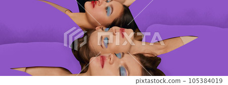 Banner. Artwork of lying young girls with bright makeup over painted purple background. Art work in drawing style. 105384019